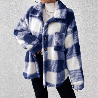 Ladies' casual plaid plush button front jacket