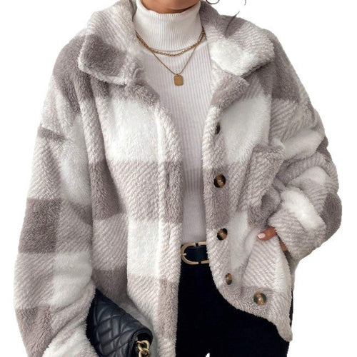 Ladies' casual plaid plush button front jacket